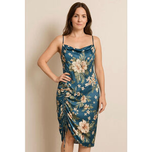 Womens Simple Plus Teal Floral Midi Slip Dress 1X Feminine Coastal Y2K Soft Glam